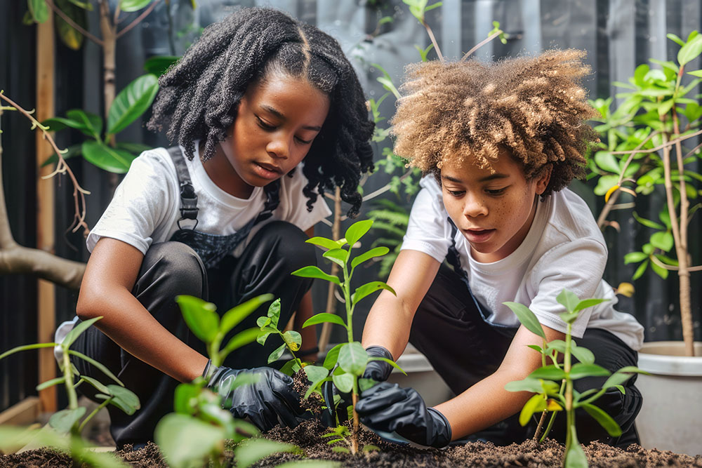 Students in a little garden