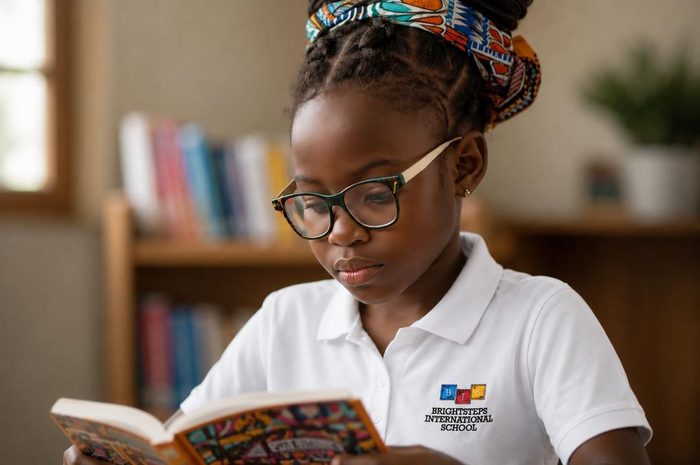 A BrightSteps student wearing glasses, reading a book
