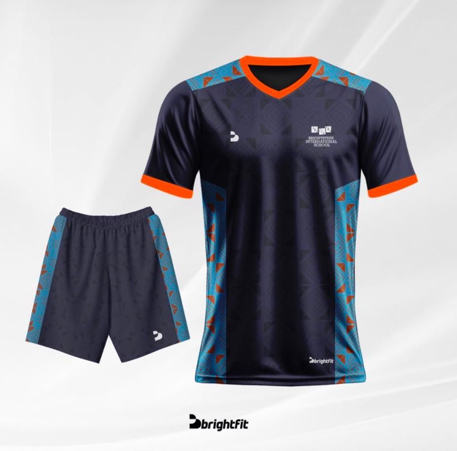BrightSteps PE jersey and shorts, orange trim, front view