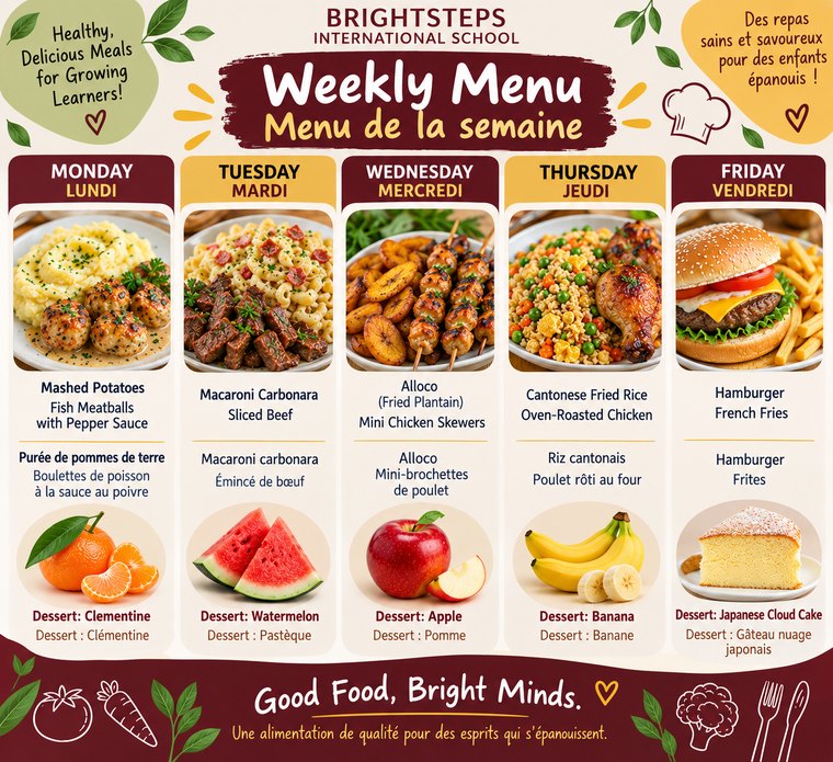 BrightSteps weekly lunch menu, Monday to Friday, in English and French. The full menu is written out below.